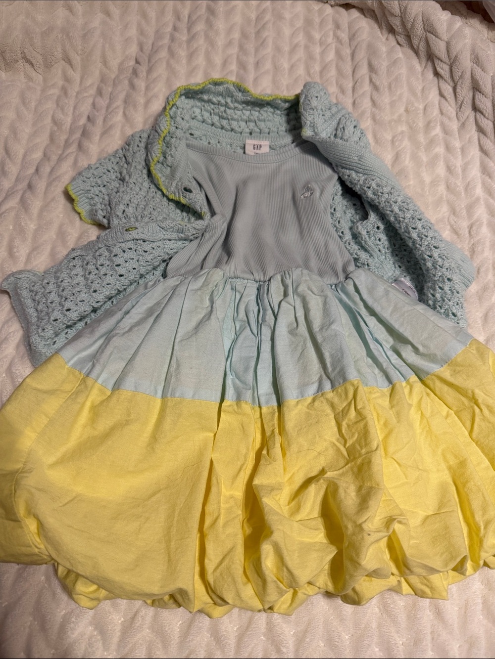 GAP Light Blue and Yellow Colorblock Girls Dress with Knit Cardigan